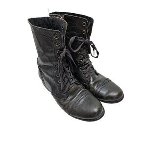 Steve Madden Boots Womens 9M Black Leather Troopa Lace-Up Side Zip Combat